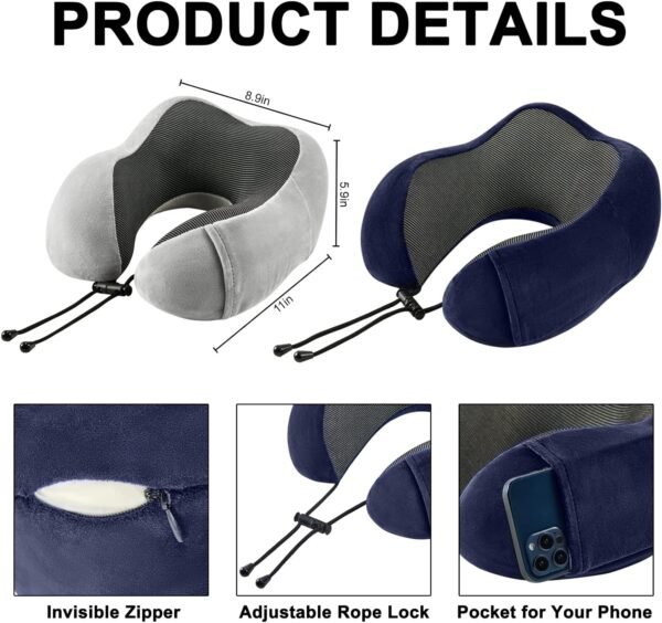 Travel Pillow for Airplane-2 Pack Memory Foam Neck Pillows, Soft & Support Travel Essentials for Travelling, Sleeping Rest, Car, Train and Home Use(Grey&Blue) - Image 5