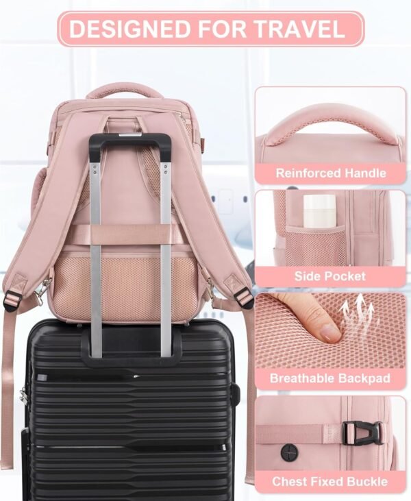 Travel Backpack, Carry On Backpack for Women, Airline Approved Personal Item Bag, Lightweight Weekender Bag, Laptop Backpack Hiking Business Casual Gym Daypack, Pink - Image 6