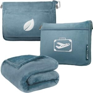 PAVILIA Travel Blanket Pillow in Soft Bag with Pockets, Airplane Blanket Set, Plane Blanket Compact Packable, Flight Essentials Car Pillow, Travelers Accessories Gifts, Luggage Strap, Dusty Light Blue