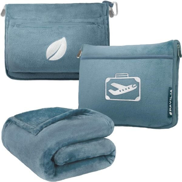 PAVILIA Travel Blanket Pillow in Soft Bag with Pockets, Airplane Blanket Set, Plane Blanket Compact Packable, Flight Essentials Car Pillow, Travelers Accessories Gifts, Luggage Strap, Dusty Light Blue