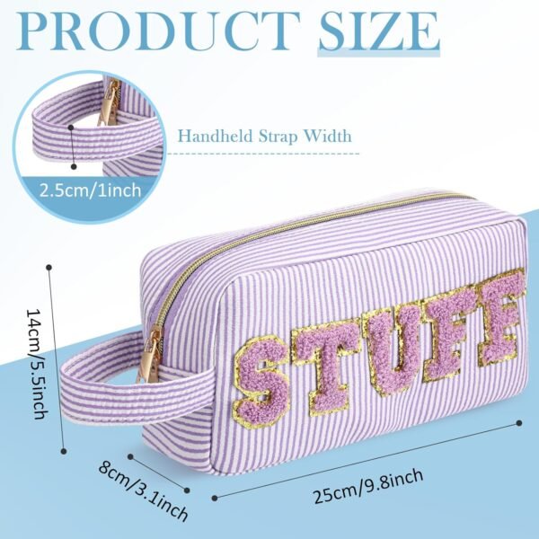 4 Pcs Preppy Makeup Bags Chenille Letter Patch Bag Face Skin Hair Stuff Cosmetic Bag Stripe Toiletry Cosmetic Case Travel Zipper Pouch Makeup Bag for Women Girl - Image 2