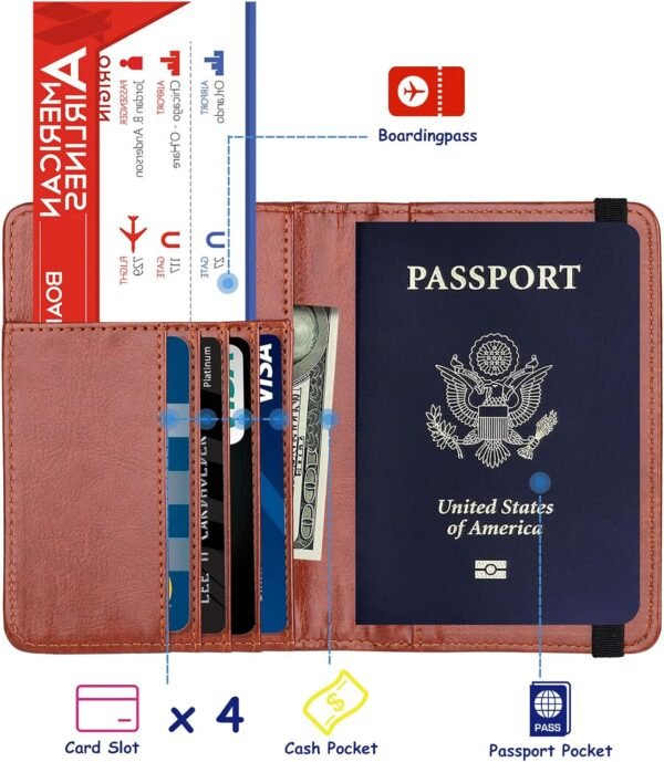 TOURSUIT RFID Blocking Passport Holder for Women Men, Leather Passport Travel Wallet with Metal 3D Metal Badge, Travel Document Holder Cover Accessories (Brown) - Image 2