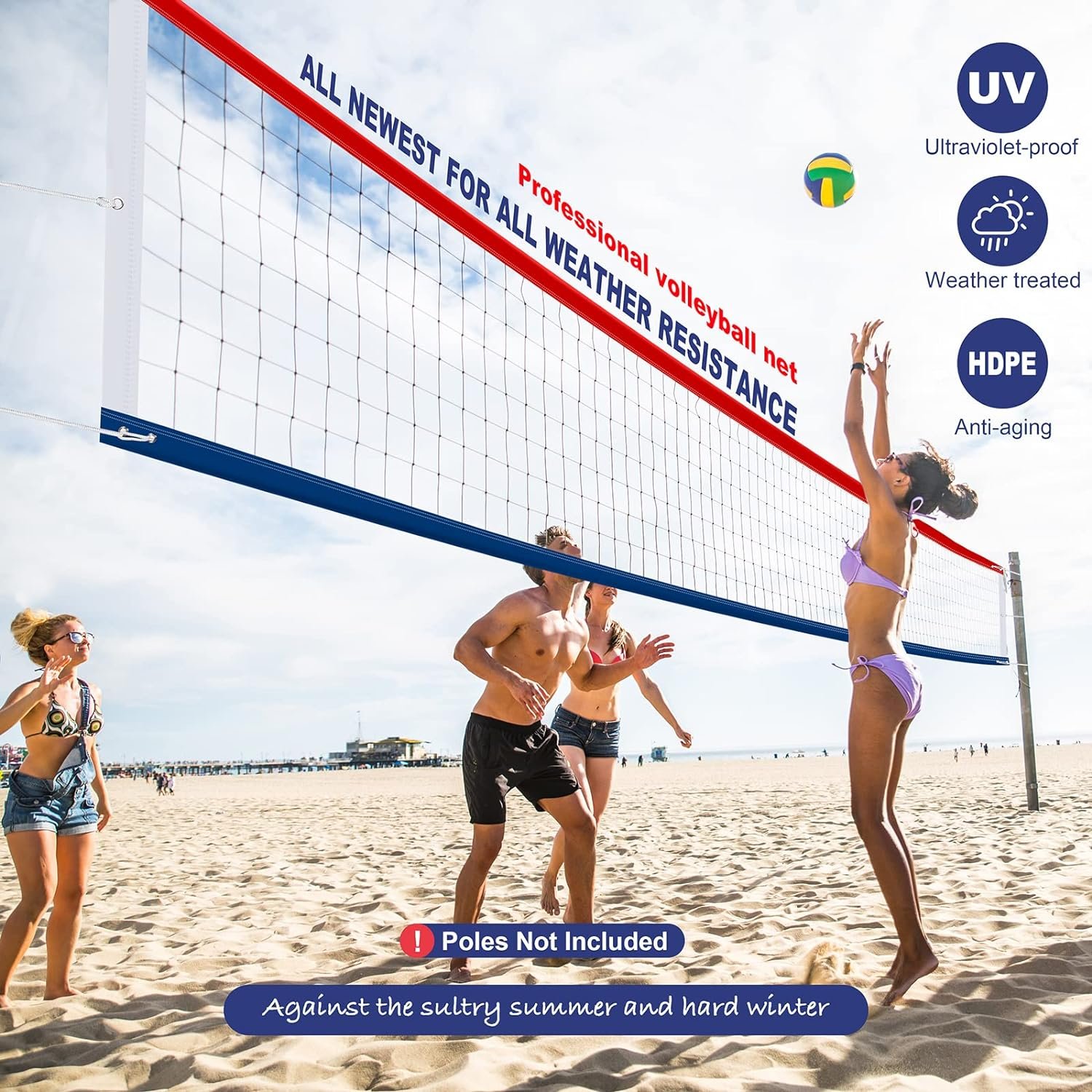Professional Volleyball Net Outdoor Heavy Duty, Upgraded Weather Resistance, Lengthened Stainless Steel Cable, Thicker Sides Tapes, for Indoor Outdoor Sports- 32x3FT, Red White Blue (Net Only) - Image 3