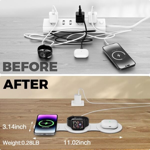 Hicober 3 in 1 Wireless Charging Station for iPhone 15, Magnetic Foldable Travel Charger Station Stand 18W for iPhone 15 14 13 12 Pro/Max/Plus/Apple Watch All Series & Airpods - Image 2