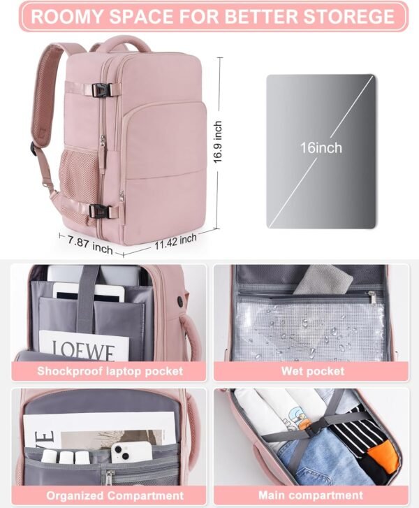 Travel Backpack, Carry On Backpack for Women, Airline Approved Personal Item Bag, Lightweight Weekender Bag, Laptop Backpack Hiking Business Casual Gym Daypack, Pink - Image 4