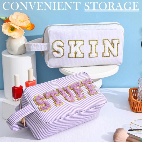 4 Pcs Preppy Makeup Bags Chenille Letter Patch Bag Face Skin Hair Stuff Cosmetic Bag Stripe Toiletry Cosmetic Case Travel Zipper Pouch Makeup Bag for Women Girl - Image 4