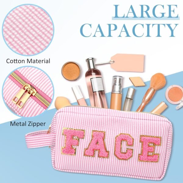 4 Pcs Preppy Makeup Bags Chenille Letter Patch Bag Face Skin Hair Stuff Cosmetic Bag Stripe Toiletry Cosmetic Case Travel Zipper Pouch Makeup Bag for Women Girl - Image 5