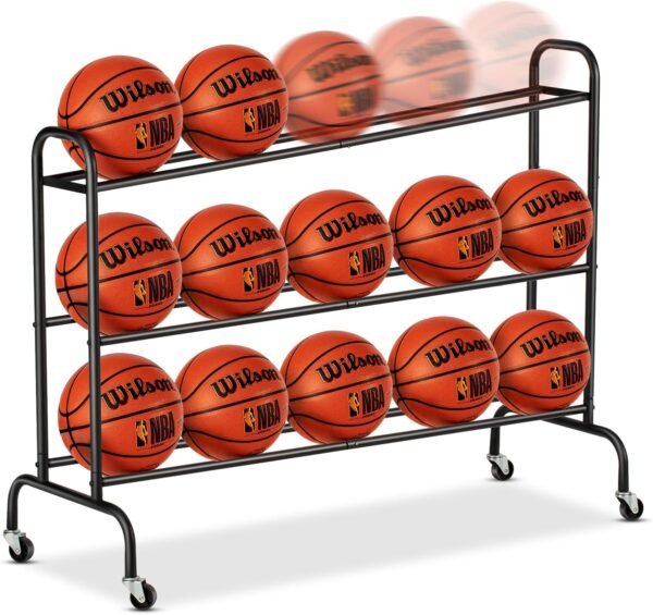 Basketball Rack Ball Stand Holder - EXTCCT Tilt Ball Training Equipment Shooting Rolling Storage Cart with Wheels Sports Outdoor Volleyball Soccer Football Garage Organizer Basketball Accessories